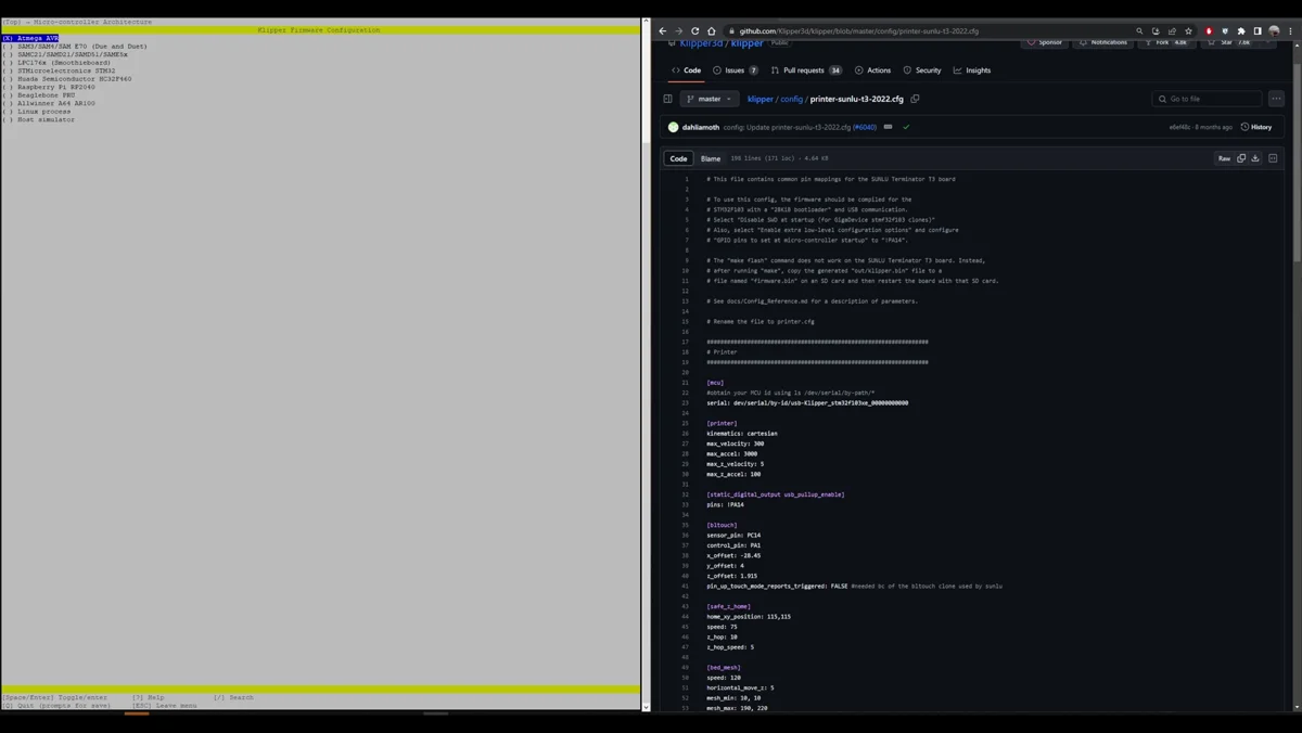 SSH terminal showing the Klipper make menuconfig interface with build options