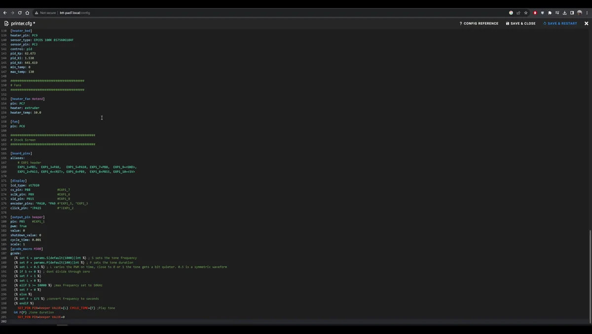 Mainsail configuration editor showing the printer.cfg file being edited
